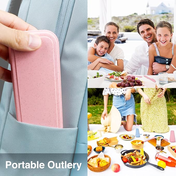Reusable Travel Utensils Set with Case, Pink Wheat Straw Portable Knife Fork Spoons Tableware, Eco-Friendly BPA Free Cutlery for Kids and Adults as Travel Picnic Camping Utensils