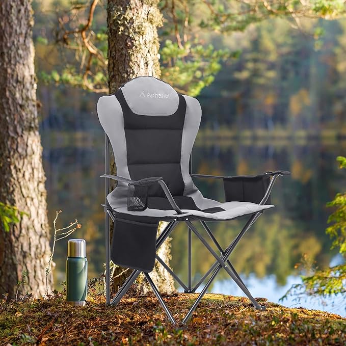2 Pack Camp Chairs for Heavy People, Outdoor Folding Camping Chairs with Cup Holder & Cooler Bag for Outside Supports up to 300lbs (2 Pcs, Black)