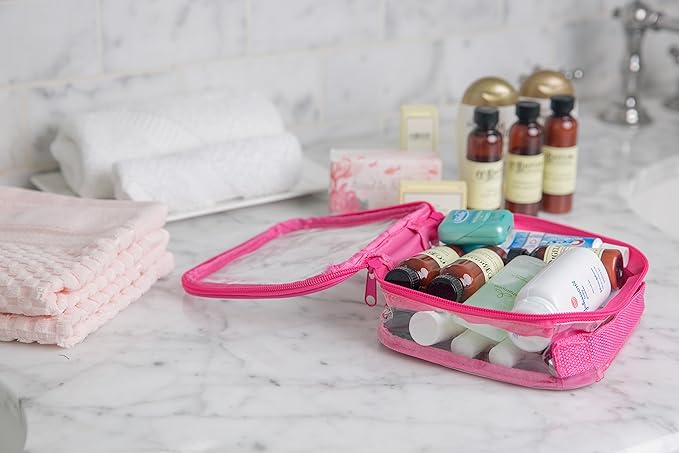EzPacking Clear TSA Approved 3-1-1 Travel Toiletry Bag for Carry On/Quart Size Transparent Liquids Pouch for Airport Security/Reusable See Through Vinyl & PVC Plastic Organizer Men Women (Pink)