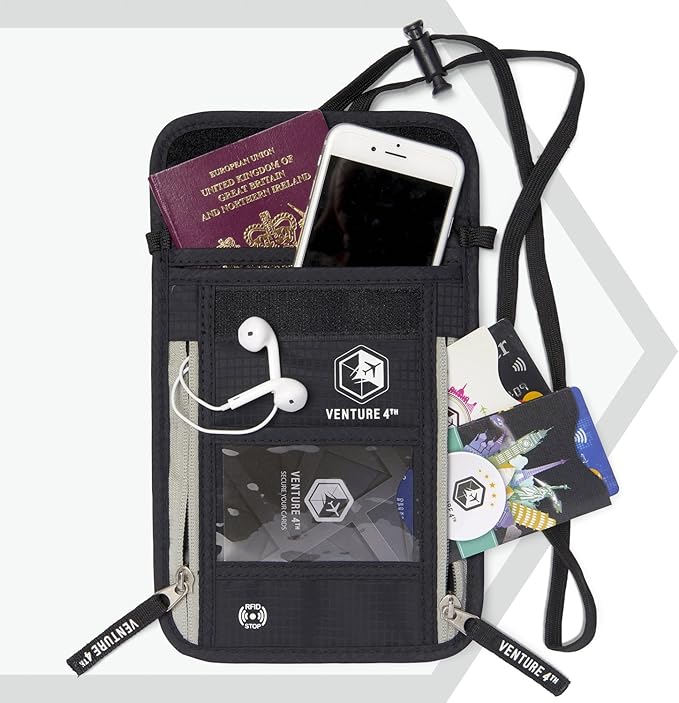 VENTURE 4TH Passport Holder Neck Wallet with RFID Blocking Nylon Lining - Hidden Neck Pouch for Travel (Black)