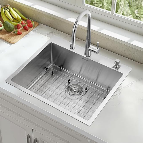 25-Inch Drop-In Kitchen Sink, SINKVINE 25" x 22" Stainless Steel Indoor and Outdoor Sink, Top Mount Large Deep Single Bowl Sink for Laundry Room, with Drain Strainer, Bottom Grid, Roll-up Drying Unit