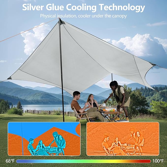 Camping Tarp with Poles & Retainer,15x12.5FT Large Waterproof 210D Oxford Cloth Camping Canopy, Anti-UV UPF100+ Tent Tarp Car Awning for Outdoor, Picnic, Hammock, Car, Backpacking (Green)