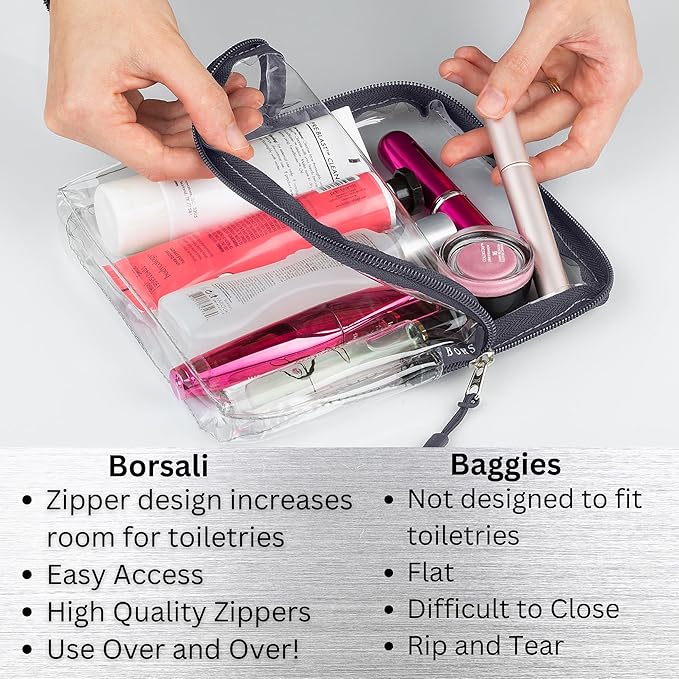 BORSALI TSA-Approved Quart-Sized Bag for Carry-On Travel - One (1) Quart Clear Toiletries, Cosmetic and 3-1-1 Liquids Toiletry Bag - 5 Pack Colors