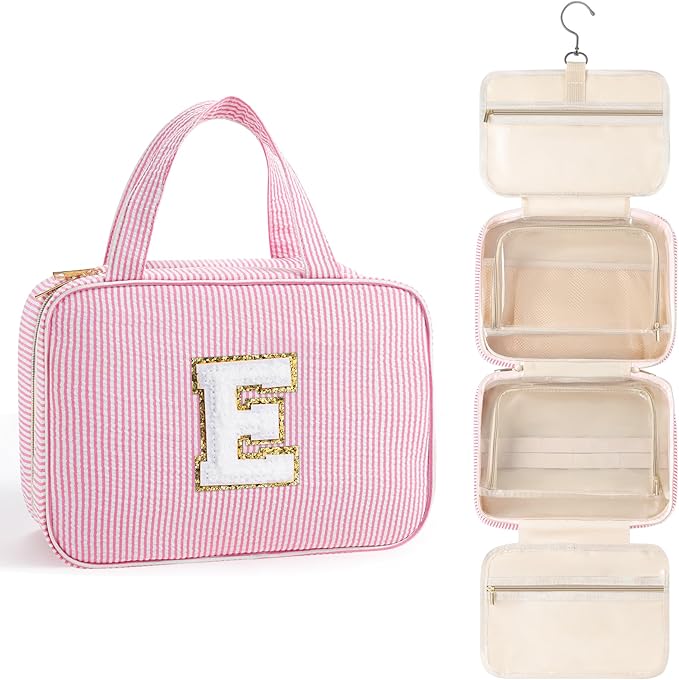 TOPEAST Teen Girl Gifts Trendy Stuff - Birthday Gifts for 7 8 9 10 11 12 13 14 15 16 17 18 Year Old Teen Girls, Hanging Toiletry Bag Initial Makeup Bag - Letter E, Pink