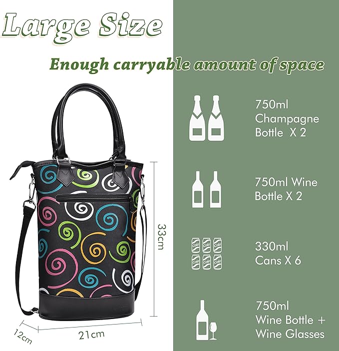 Tirrinia Insulated Wine Gift carrier Tote - Travel Padded 2 Bottle Wine/Champagne Cooler Bag with Handle and Adjustable Shoulder Strap, Great Wine Lover Gift, SPIRAL