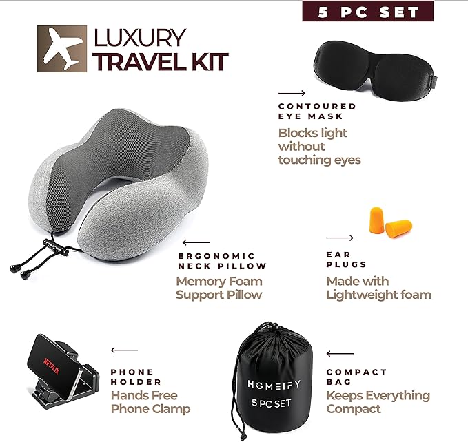 Airplane Neck Pillow Includes Travel Pillow + Airplane Phone Holder Mount + Eye Masks + Earplugs for Travel, 100% Pure Memory Foam Travel Pillow, 4 Pc Travel Kit, 2 Pack