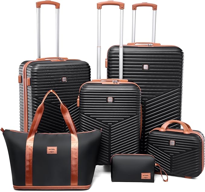 Hoteel 6 Piece Luggage Set (4-YEAR WARRANTY) Carry on ABS+PC Hard Shell Suitcase with Spinner Wheels & TSA Lock (Black)