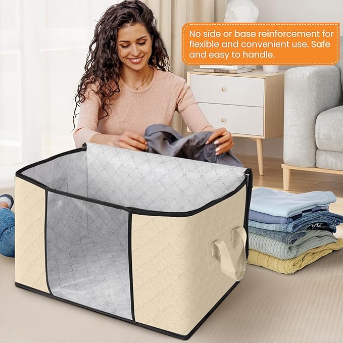 Fab totes 24 Gallons Clothes Storage, Foldable Thick Fabric Blanket Storage Bags, Containers for Organizing Bedroom, Closet, Clothing, Comforter, Organization with Handle (3 Pack,Beige)