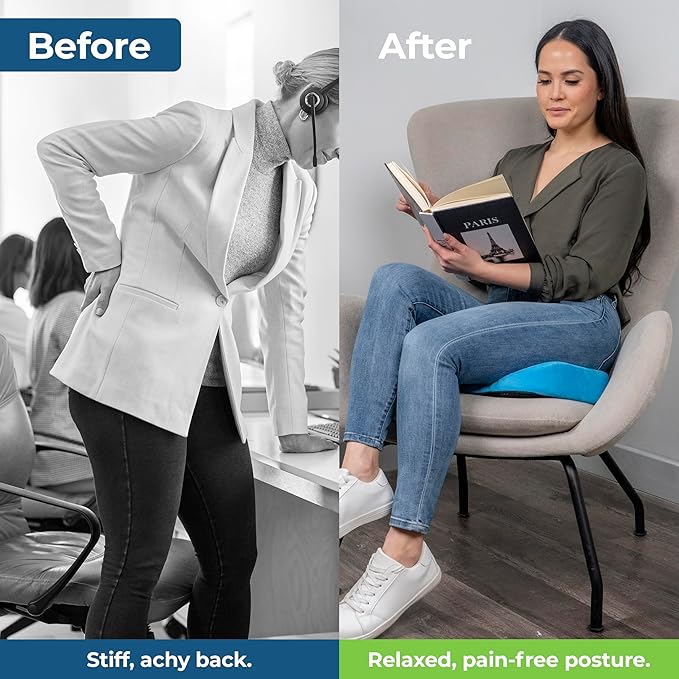 LuminaRest® Gel Seat Cushion for Tailbone Pain Relief – CertiPUR-US® Certified Memory Foam Office Chair Cushion, Car Seat Cushion for Sciatica & Back Support – Ergonomic U-Shaped Design (Blue)