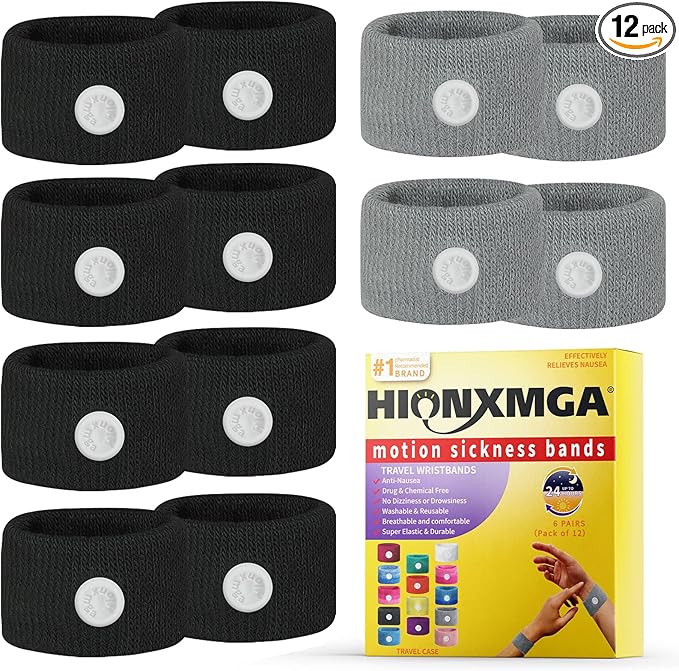 6 Pairs Motion Sickness Bands – Natural Anti Nausea Acupressure Wristbands for Morning & Motion Sickness Relief – Ideal for Car, Cruise & Flight Travel – for Adults and Kids