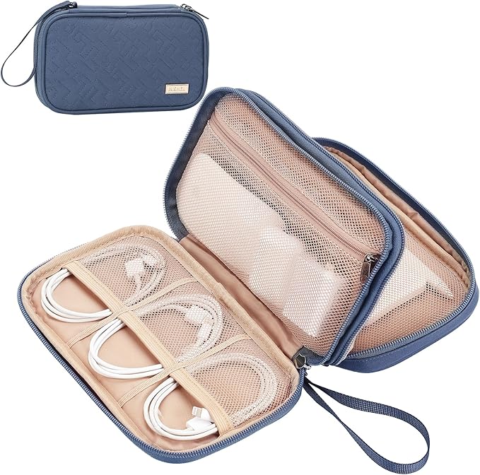 NISHEL Travel Cord Organizer Case, Double Layers Tech Electronic Bag, Essentials for Charger, Cable, Phone, Flash drive, Aegean-Blue