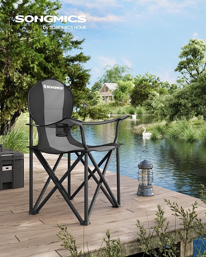 SONGMICS Folding Camping Chair, with Comfortable Sponge Seat, Cup Holder, Heavy Duty Structure, Max Load Capacity 551 lb, Outdoor Picnic Chair, Gray and Black UGCB006G01