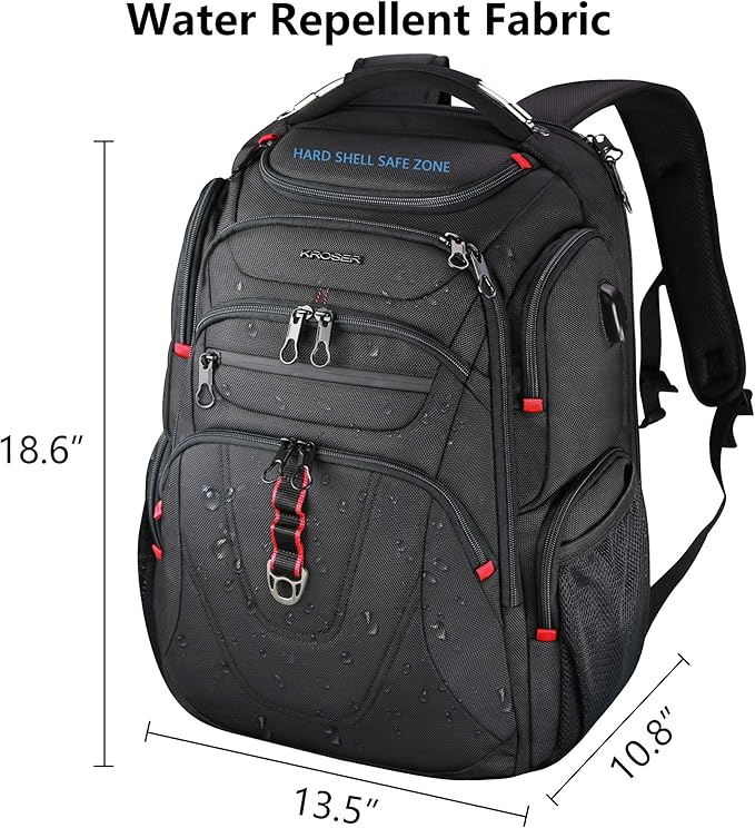 KROSER TSA Friendly Travel Laptop Backpack 17.3 inch XL Computer Backpack Water-Repellent College Daypack Business Backpack with RFID Pockets & USB Port for Men/Women-Black