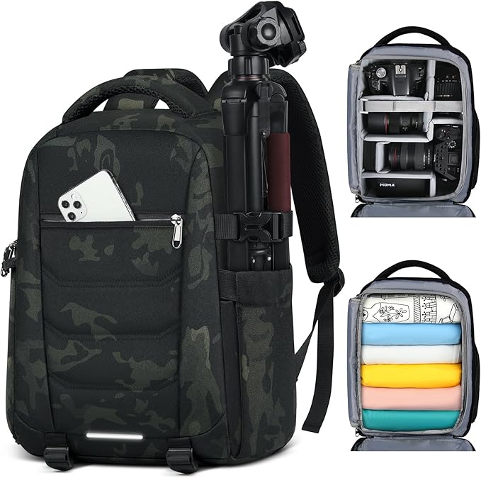 SDYSM Camera Bag Backpack Professional for DSLR SLR Mirrorless Camera Waterproof Laptop Back Pack 14 Inch with Rain Cover Anti Theft Travel Case Large Capacity Photography Backpack Camouflage
