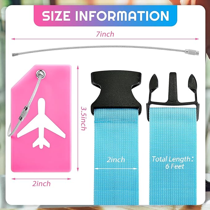Weewooday 8 Pcs Luggage Straps Suitcase Tags Set for TSA Approved, 4 Travel Adjustable Suitcase Belt, 4 Silicone Luggage Tags with Name ID Card Travel Accessories(Blue, Pink, Green, Orange,Airplane)