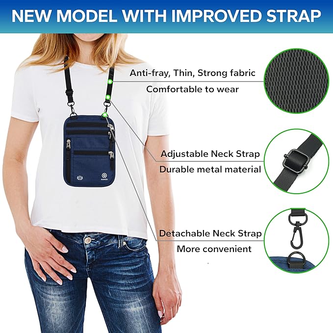 Neck Wallet – Travel Pouch and RFID Blocking Passport Holder for Women and Men, Slim Travel Wallet (Navy)