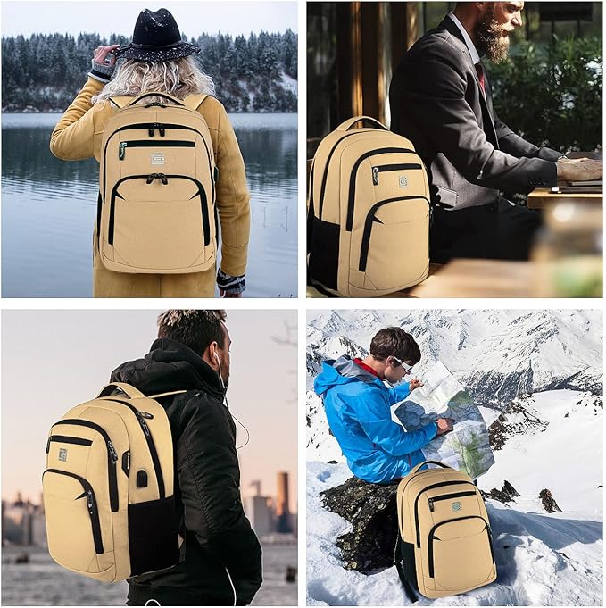 Laptop Backpack,Business Travel Anti Theft Slim Durable Laptops Backpack with USB Charging Port,Water Resistant College Computer Bag for Women & Men Fits 15.6 Inch Laptop and Notebook-Khaki