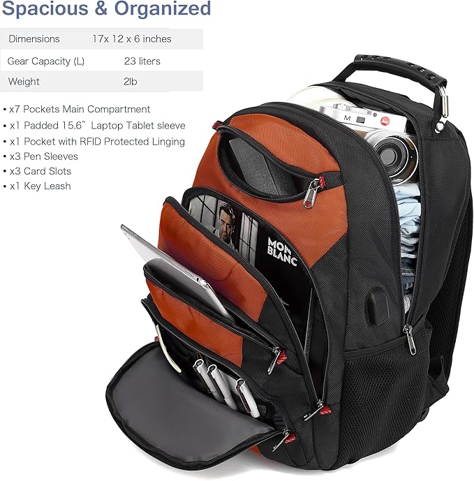 Boavan Laptop Backpack for men, 15.6 inch Laptop Bag with USB Port, Waterproof Travel Work Backpack Purse, Anti-Theft Teacher Nurse Doctor Casual Bookbags Office Business backpack，Deep Orange Black