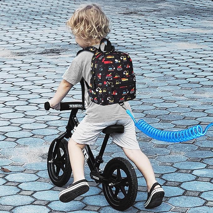 Accmor Toddler Backpack with Leash, Baby Backpacks with Anti Lost Wrist Link, Cute Mini Kids Backpack Leash Walking Harness for Travel, Small Excavator Backpack Tether for Boys Girls 1-3 (Black)