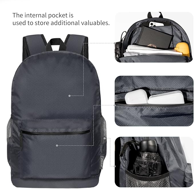pack all 20L Lightweight Packable Backpack, Water Resistant Foldable Backpack, Travel Hiking Daypack with Waterproof Zippers (Navy Blue)