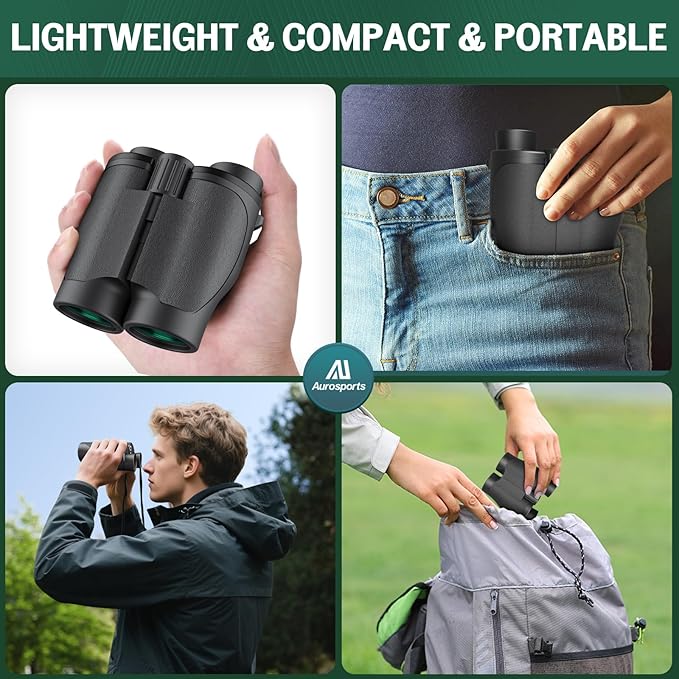 Aurosports 16x32 Compact Binoculars for Adults and Kids - High Powered Small Binoculars with Low Light Vision - Easy Focus Lightweight binos for Bird Watching Hunting Travel Hiking