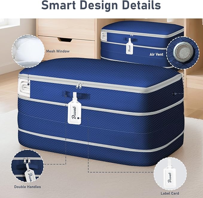 DIMJ Comforter Storage Bag - 100L Large Capacity Blanket Storage Compression Bags, Washable Space Saving Self Compression Organizer with Window Handles, Space Saver for Clothes, Bedding, Sheet