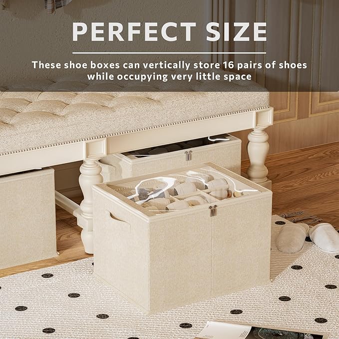 Shoe Organizer for Closet, 2 Pack Sturdy Shoe Storage Bins with Clear Cover, Fits 16-32 Pairs, Foldable Shoe Storage Box with Reinforced Handles (Beige, 19.7 * 15.7 * 12.6in)