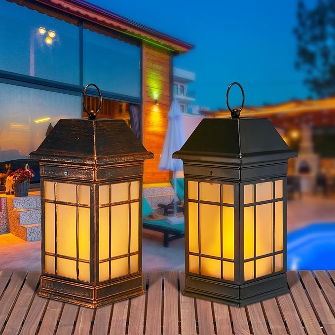 14" Solar Lantern Outdoor Waterproof, Glass Flickering Flame Solar Lanterns, Hanging Metal Lantern Decorative for Patio Front Porch Garden Backyard Tabletop Party Decoration