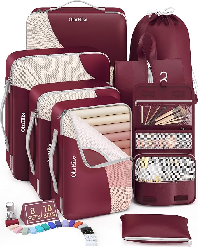 8 Set Packing Cubes for Travel, Gifts for Women Mom,Anti-Tearing Suitcase Organizer for Luggage with Shoe & Hanging Toiletry Bag,OlarHike Vacation Essentials & Accessories for Cruise Ship,Wine