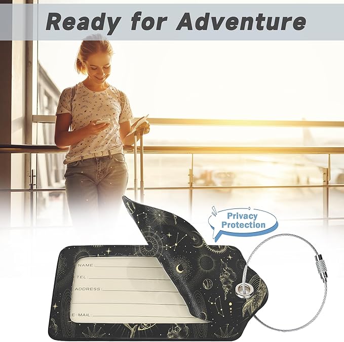 Vintage Sun Luggage Tags for Suitcases,2 Pack Stars Planets Luggage Tag,Leather Stainless Steel Loop Label Tag for Women Men Girls Travel Bag Suitcase