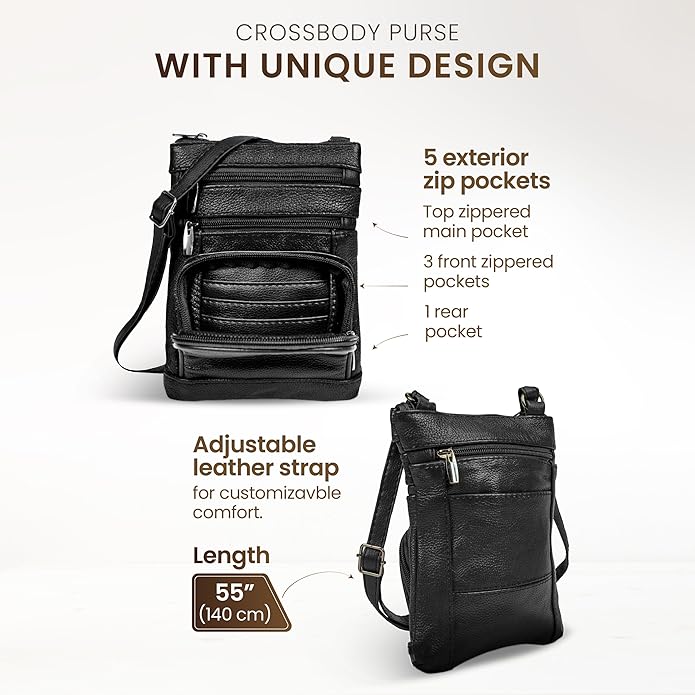 Krediz leather Crossbody Purses for Women, Multi Pocket Crossbody Purse with Adjustable Strap, Soft & Durable Leather Purse