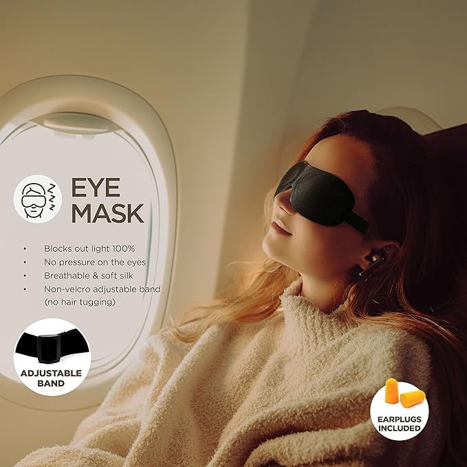 Airplane Neck Pillow Includes Travel Pillow + Airplane Phone Holder Mount + Eye Masks + Foot Hammock + Earplugs for Travel, 100% Pure Memory Foam Travel Pillow, 6 Pc Travel Kit
