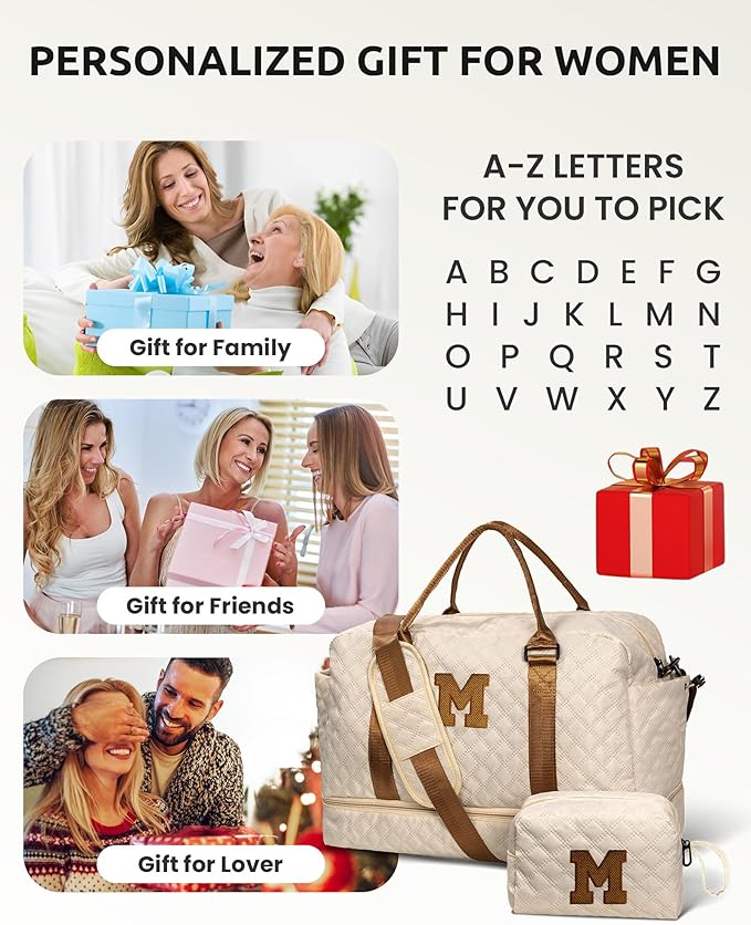 Birthday Gifts-for Women-Initial Duffle Bag with Shoe Compartment, Personalized Weekender Bag, Monogram Overnight Bag, Letter Travel Bag with Makeup Bag，Friend Wife Birthday Gift (Letter C)