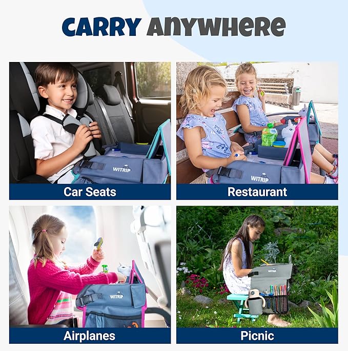 Kids Travel Tray with Dry Erase Board - Car Seat Tray for Kids Travel, Carseat Table Top for Toddler, Lap Desk for Car Seat, Activity Organizer & Snack Holder, Road Trip Essentials for Kid (Gray)