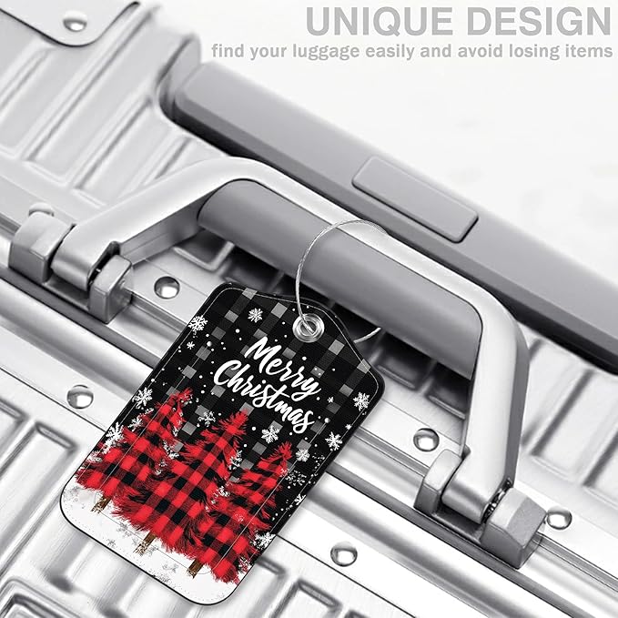 2 Pack Luggage Tags for Suitcases Red and Black Checkered Christmas Tree Leather Luggage Tags Privacy Cover ID Label with Stainless Steel Loop and Address Card for Women Men Travel Bag Backpack