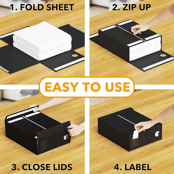 SpaceAid 8 Pack Bed Sheet Organizers and Storage, Foldable Sheet Organizer for Linen Closet, Sheets Set Folder Keeper with Window XL (Queen & King Size) Bedding Container (Black, 8 Pack)