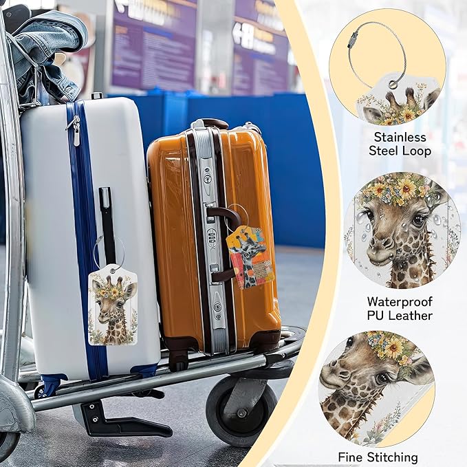 Cute Giraffe Luggage Tags for Suitcase,3 Pack Funny Luggage Tag Leather Privacy Cover ID Label with Stainless Steel Loop for Women Men