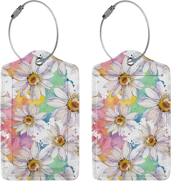 Colorful Daisy Flower Luggage Tags Suitcase Tag Privacy Name ID Card Spring Floral Travel Bag Labels with Stainless Steel Loop for Women Men Girls Set of 2