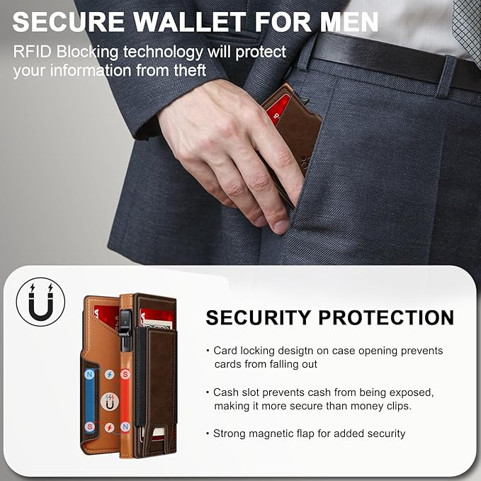 Wallet for Men Wallet with Slim Pop Up Card Holder 9-13 Cards, Bifold Minimalist Smart Wallet RFID Blocking Credit Card Holder with ID Window & Stretchable Cash Slot Compact Metal Aluminum Card Case