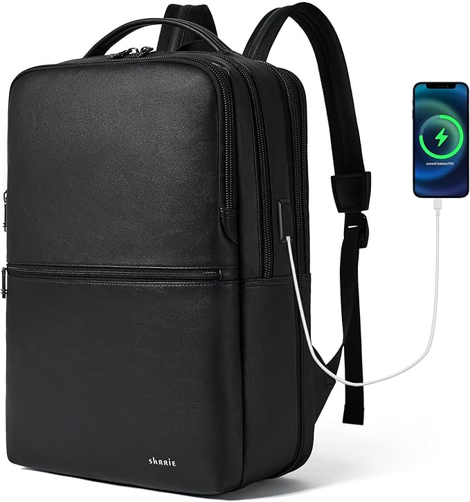Vegan Leather Laptop Backpack for Women&Men,16 Inch Expandable Backpack with USB Charging Port,Two-toned Black