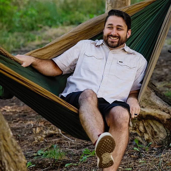 Grand Trunk Double Deluxe Parachute Nylon Hammock - 500lb Capacity Camping Hammock, 10.5x6.5ft, Lightweight & Durable (Navy/Light Blue)