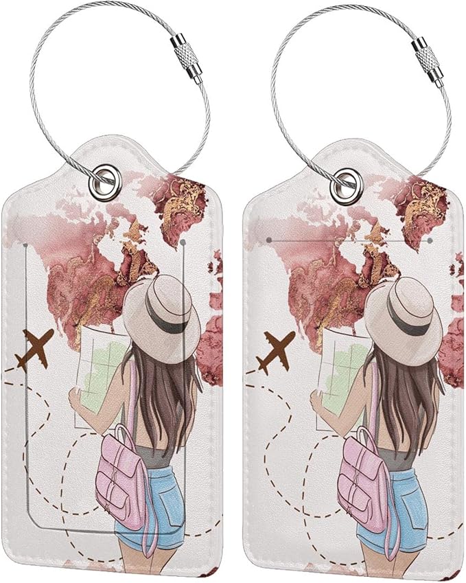 2 Pack Luggage Tags for Suitcase,Travel Girl PU Leather Travel Luggage Tag with Privacy Flap, Name ID Label and Metal Loop for Women Men Suitcase Baggage Bag Backpack