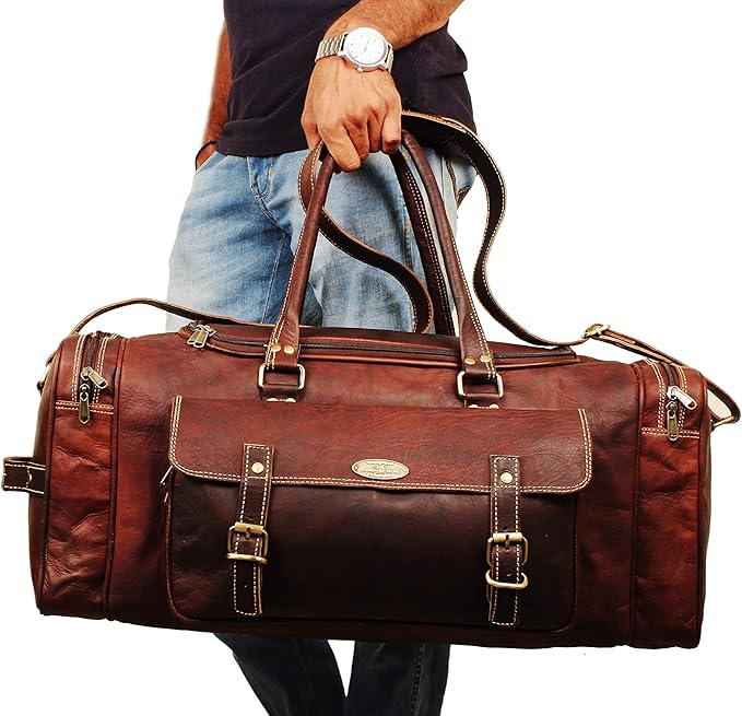 Men’s Gym Sports Overnight Weekender Bag Leather Travel Bags For Men Vintage Leather Duffle Bag Women Carry On Travel Holdall Bag 24 Inches