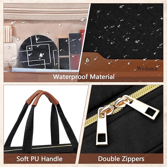 Wedama Toiletry Bag for Women, Hanging Travel Toiletry Bag with Jewelry Organizer Compartment Medium Makeup Bag, PVC Waterproof Cosmetic Travel Bag Trips Camping Bathroom, Black+Brown