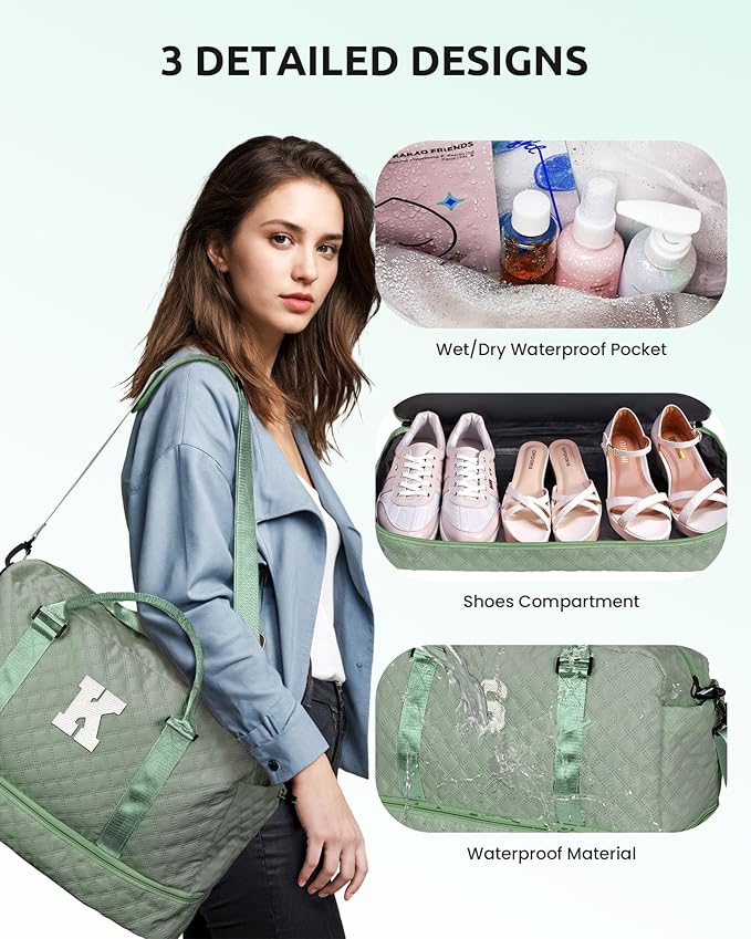 Gifts for College Girls-Initial Travel Bag with Shoe Compartment, Girl Personalized Weekender Bag, Monogram Overnight Bag for Women, Letter Travel Bag with Makeup Bag (Letter W)