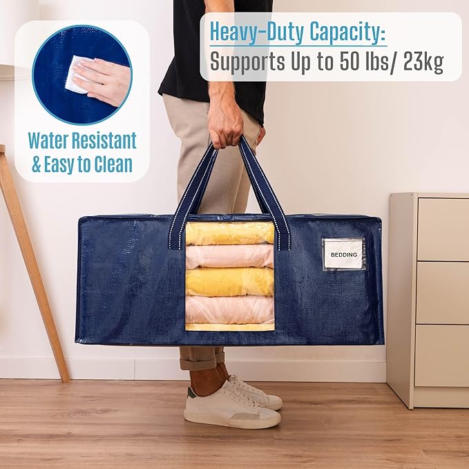 VENO 2 Pack Moving Bags Extra Large Storage Bags for College Move-In, Heavy-Duty Storage Totes, Packing Boxes, and Wardrobe Moving Supplies - Durable Laundry Bags for Clothes (Blue w/Window, 2 Pack)