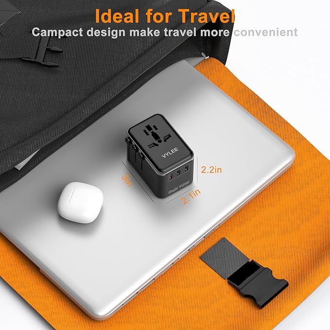 Universal Travel Adapter, VYLEE 70W International Plug Adapter with PD Fast Charging, 5-Port (1 AC/1 USB-A/3 USB-C), Wall Charger Worldwide Travel Essentials Plug for USA EU UK AUS Japan (Black)
