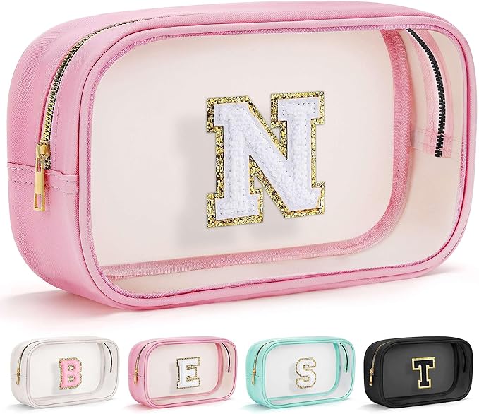 YOOLIFE Initial Travel Makeup Bag Pouch, Clear Toiletry Bag for Women Travel Accessories Cosmetic Bag Skin Care for Teen Make Up Bags Birthday Gifts for Women Unique Teacher Mom Friends Gifts Pink N