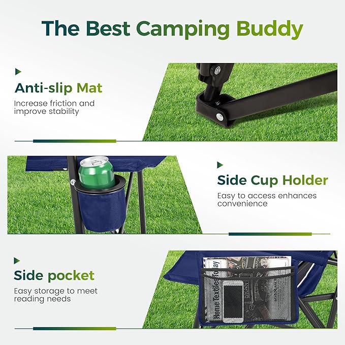 ALPHA CAMP Oversized Folding Camping Chairs High Backrest Heavy Duty Lawn Chairs for Adults Support 500 LBS Portable Camp Chairs with Cup Holders Large Side Pocket for Outdoor