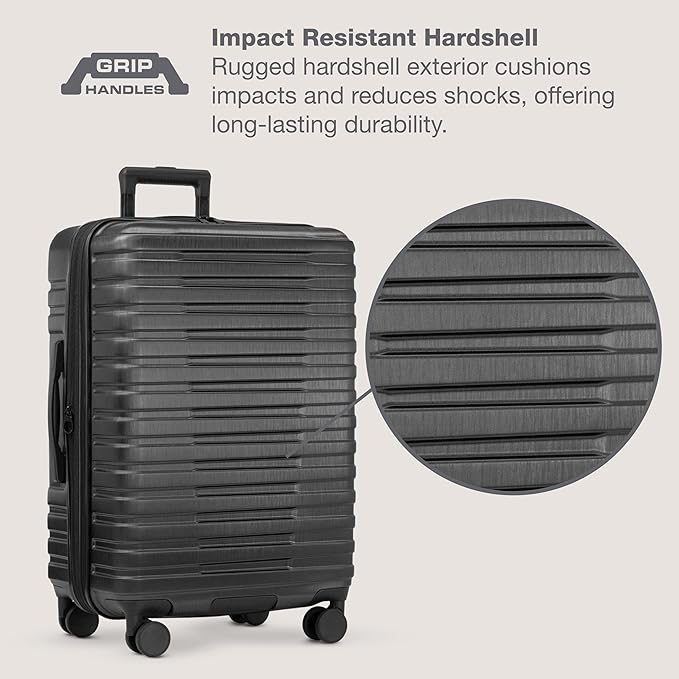 U.S. Traveler Boren Polycarbonate Hardside Rugged Travel Suitcase Luggage with 8 Spinner Wheels, Aluminum Handle, Black, Checked-Large 30-Inch